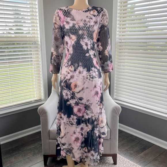 NEW Komarov Floral Print Chiffon Overlay Handkerchief Hem Dress, L - Picture 5 of 13